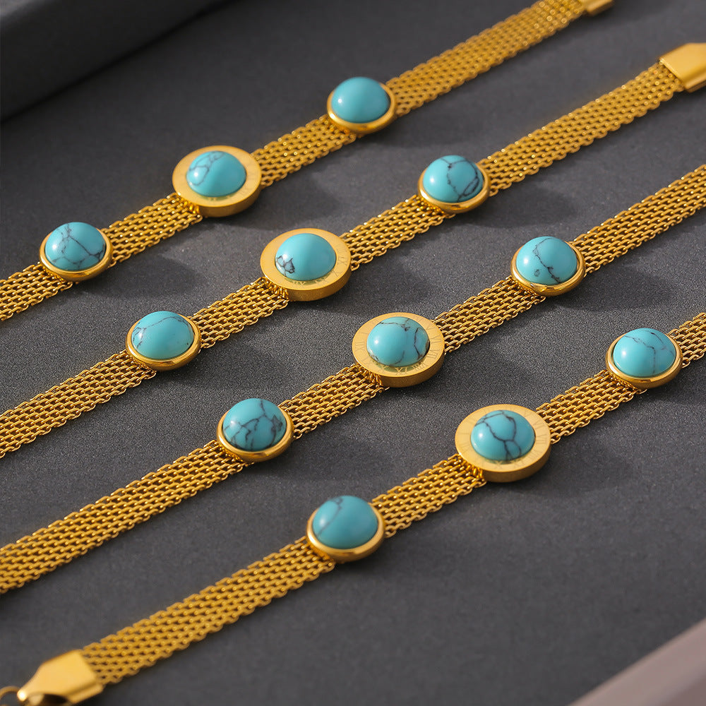 Wide Surface Mesh Round Brand Turquoise Bracelet Retro Titanium Steel Plated 18K Gold