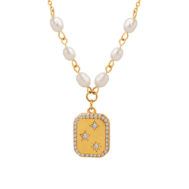 Square Inlaid Diamond Reversible Pendant Freshwater Pearl Necklace