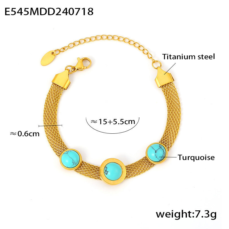 Wide Surface Mesh Round Brand Turquoise Bracelet Retro Titanium Steel Plated 18K Gold