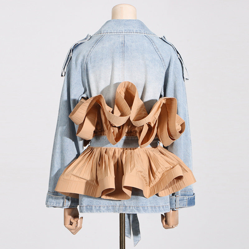 Design Lapel Contrast-color Ruffled Pleated Lace-up Women's Cowboy Coat