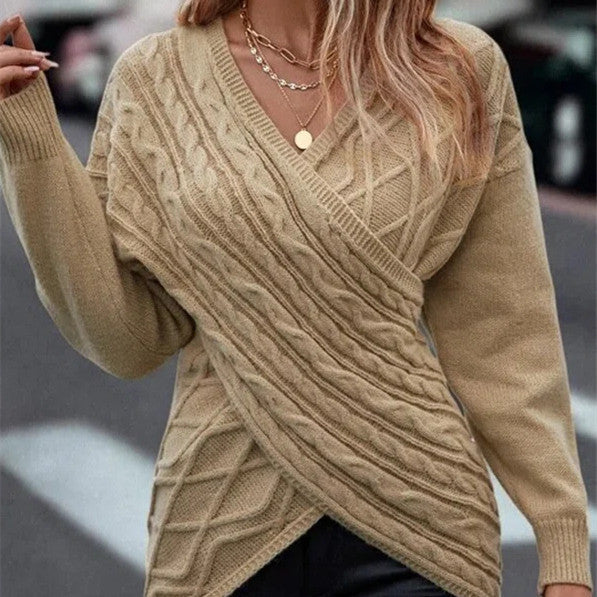 Women's  V-neck Cross Brocade Sweater