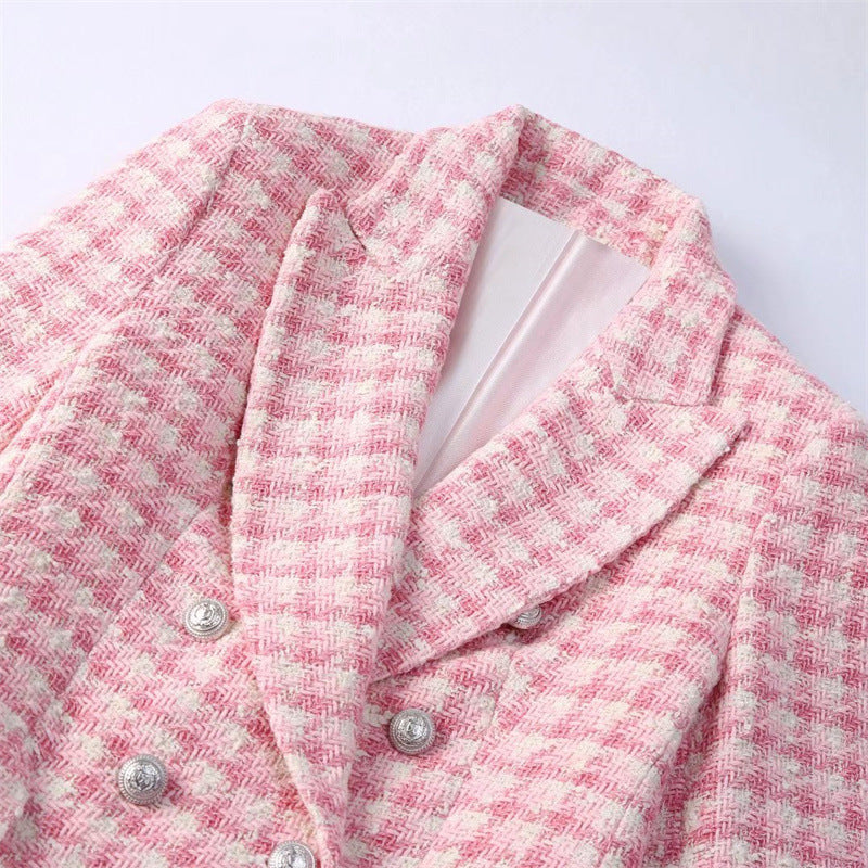 Women's Temperament Fashion Textured Check Double Breasted Blazer