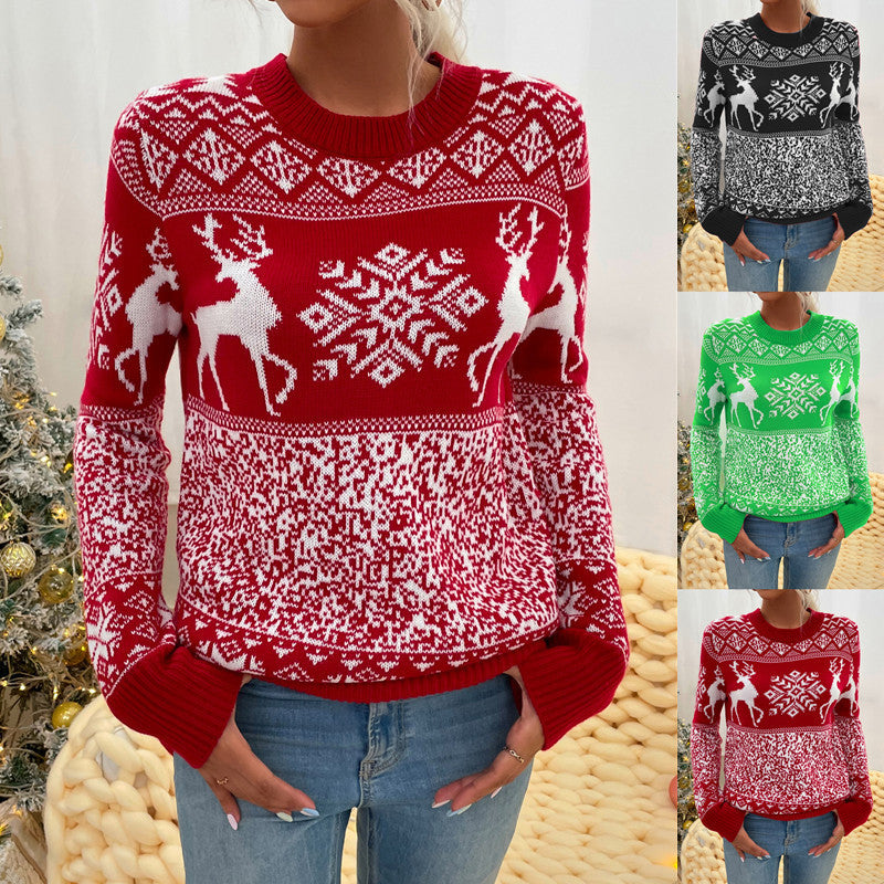 Christmas Woolen Round Neck Long-sleeved Sweater Women's Clothing