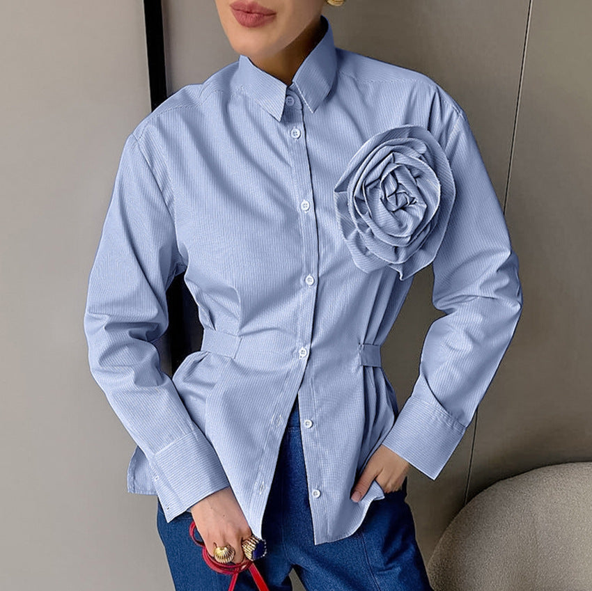 Casual Striped Blue Flower Slim-fit Long-sleeved Polyester Cotton Shirt