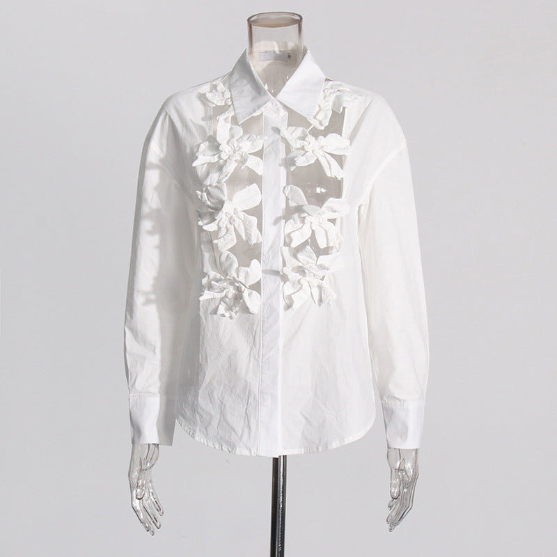 Handmade Three-dimensional Flower Solid Color Blouse