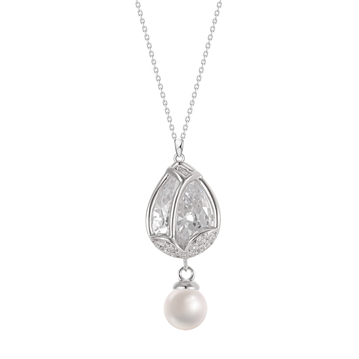 Non-fading Women's Drop-shaped Simple Atmospheric Inlaid Zircon Pearl Pendant Necklace