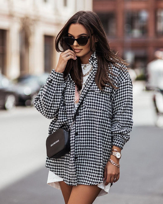 Fashion Houndstooth Long-sleeved Shirt Women