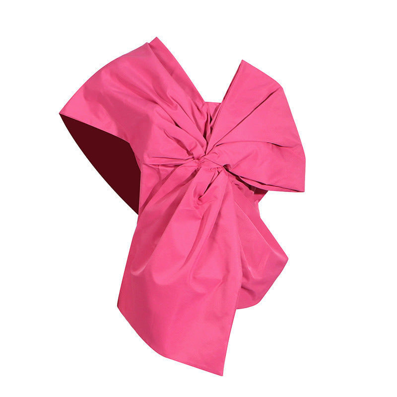 Pure Color Asymmetric Collar Bow  Design Women's Top