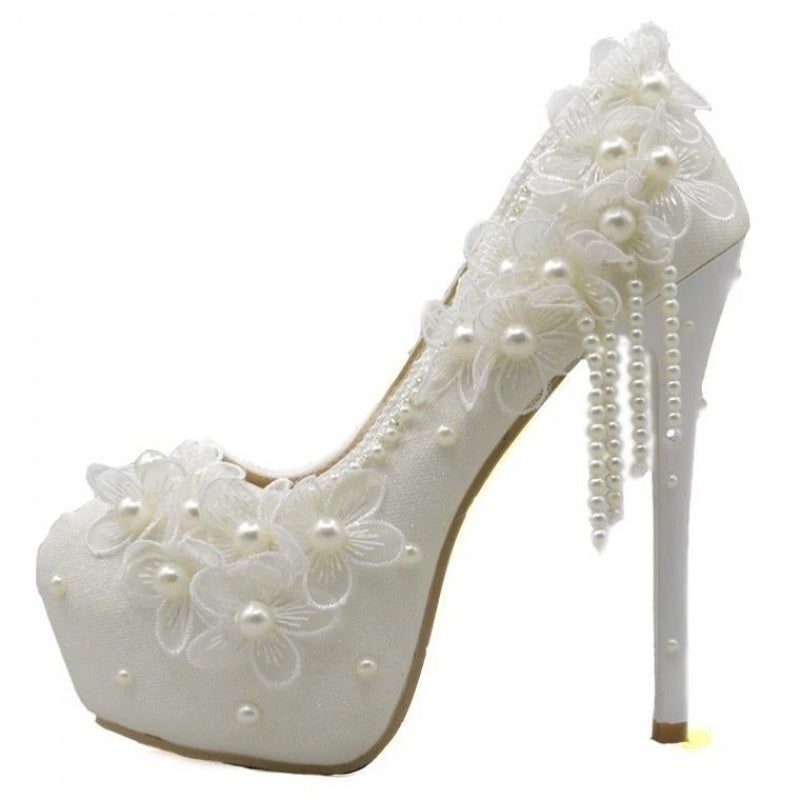 High-heeled Flower Rhinestone Tassel Bride Shoe