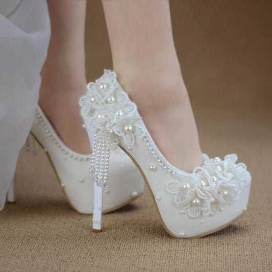 High-heeled Flower Rhinestone Tassel Bride Shoe