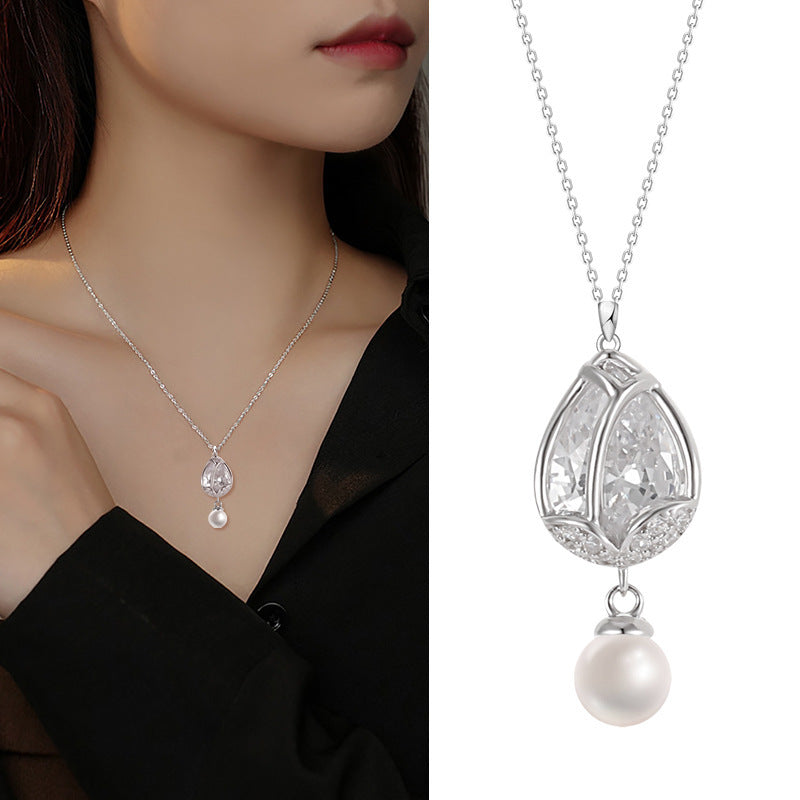 Non-fading Women's Drop-shaped Simple Atmospheric Inlaid Zircon Pearl Pendant Necklace