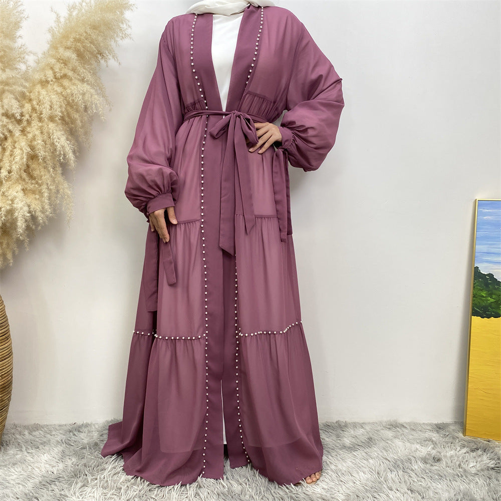 Elegant Solid Color Beaded Muslim Lacing Chiffon Cardigan Robe