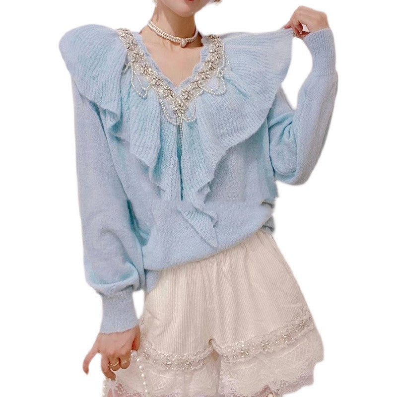 Beaded Diamond V-shaped Ruffle Stitching Loose Slim Knit Sweater