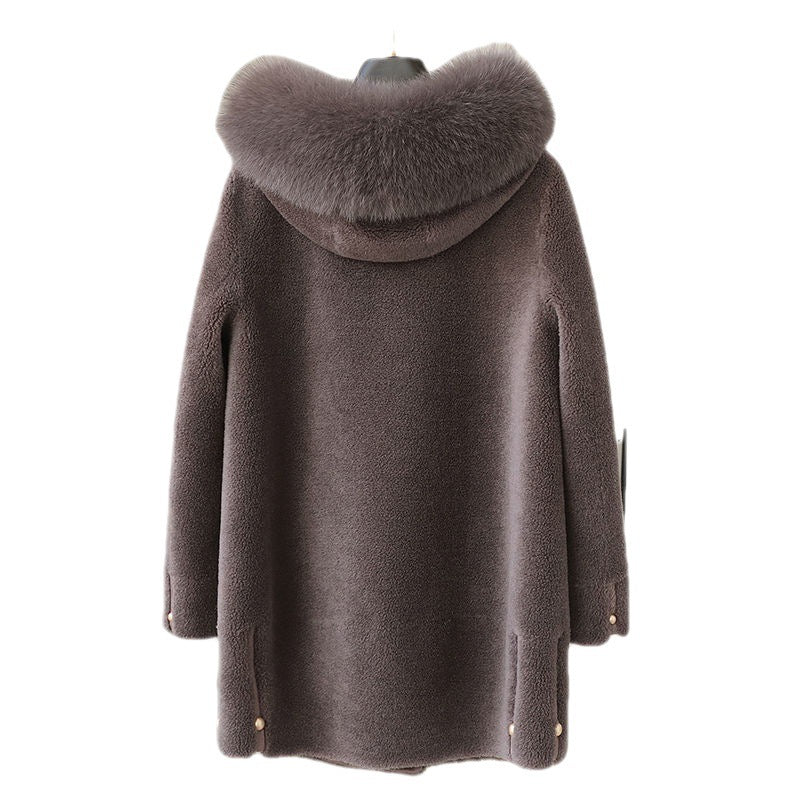 Women's Fox Fur Collar Hooded Sheep Shearling Coat