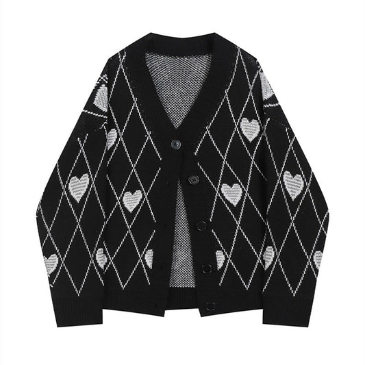 Women's Long-sleeved Loose V-neck Diamond Knit Sweater Cardigan