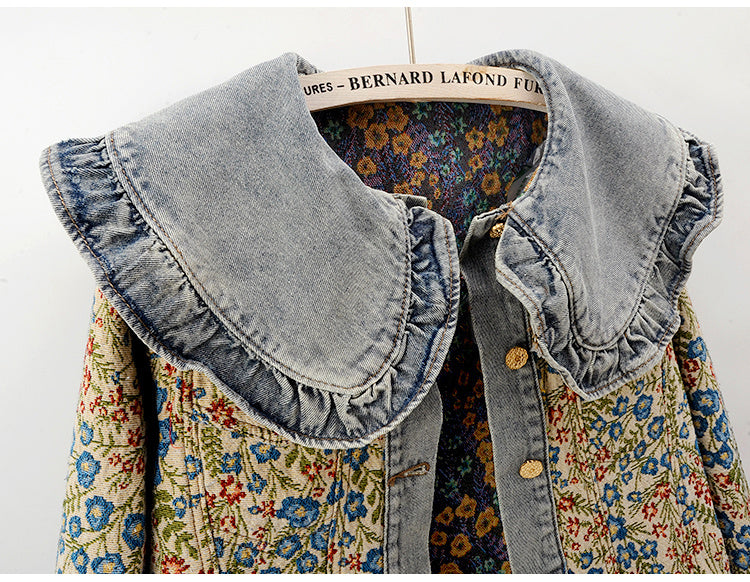 Super Nice Jacquard Long Sleeve Doll Collar Denim Jacket