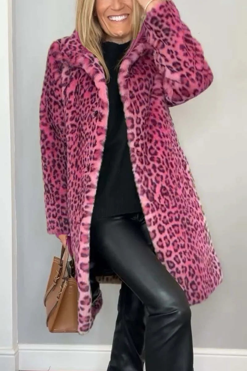 Fall Winter Leopard Print Plush Mid-length Coat