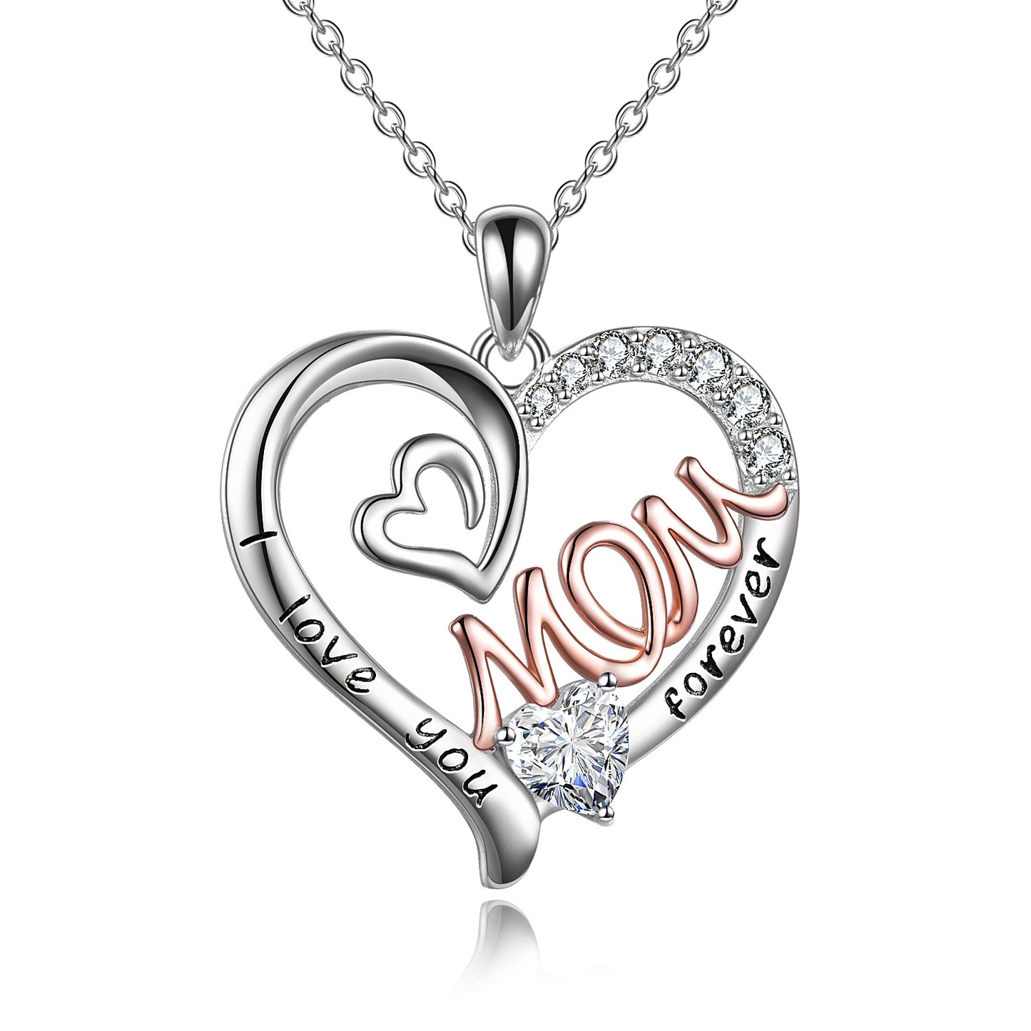 Mom Necklace S925 Sterling Silver Heart CZ Pink Stone