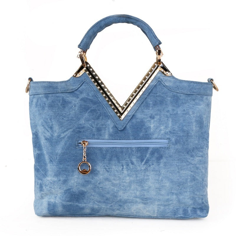 Women's V-shaped Diamond Flower Denim Bag