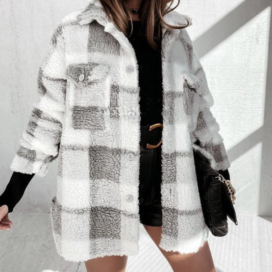 Autumn And Winter Long Sleeve Double Pocket Plaid Jacket