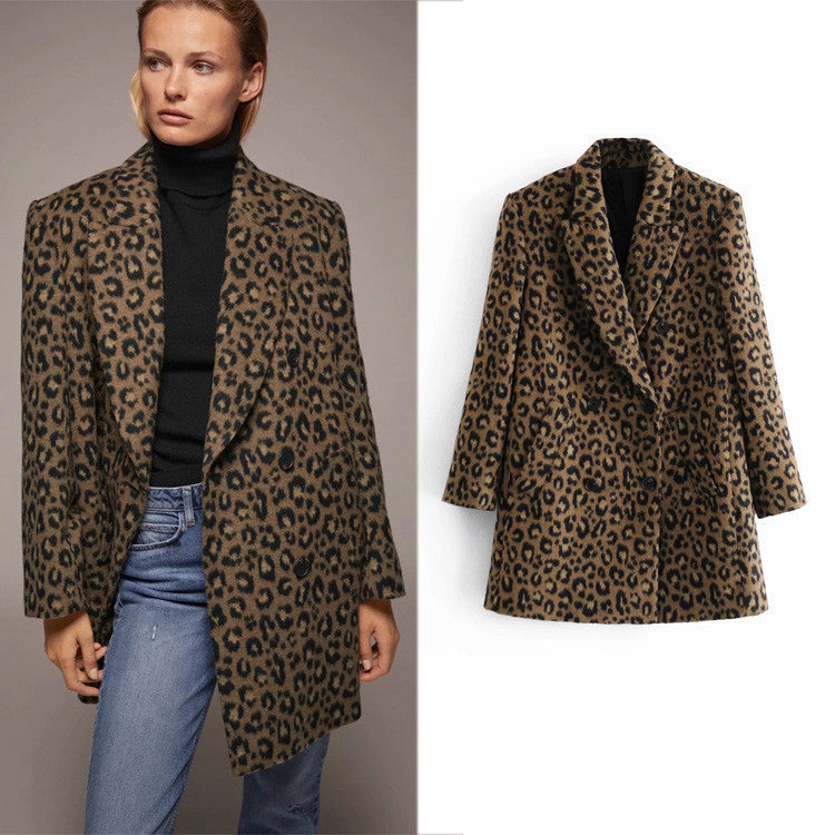 Sexy Leopard Print  Mid-Length Woolen Jacket