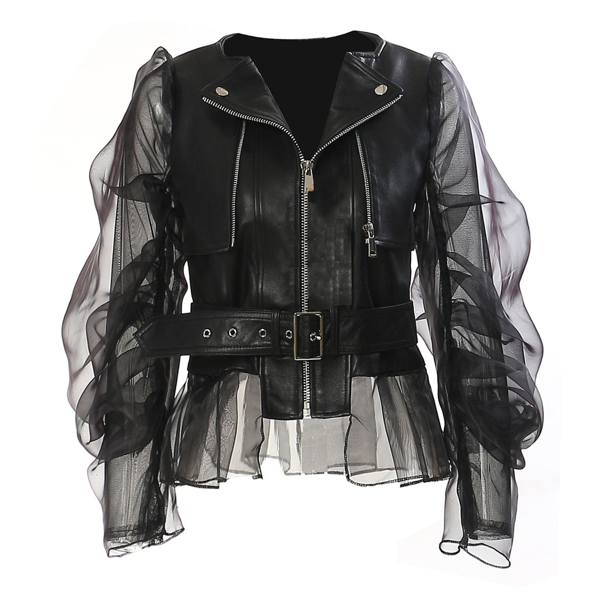 Domineering Stitching Mesh Transparent Leather Coat Motorcycle Jacket