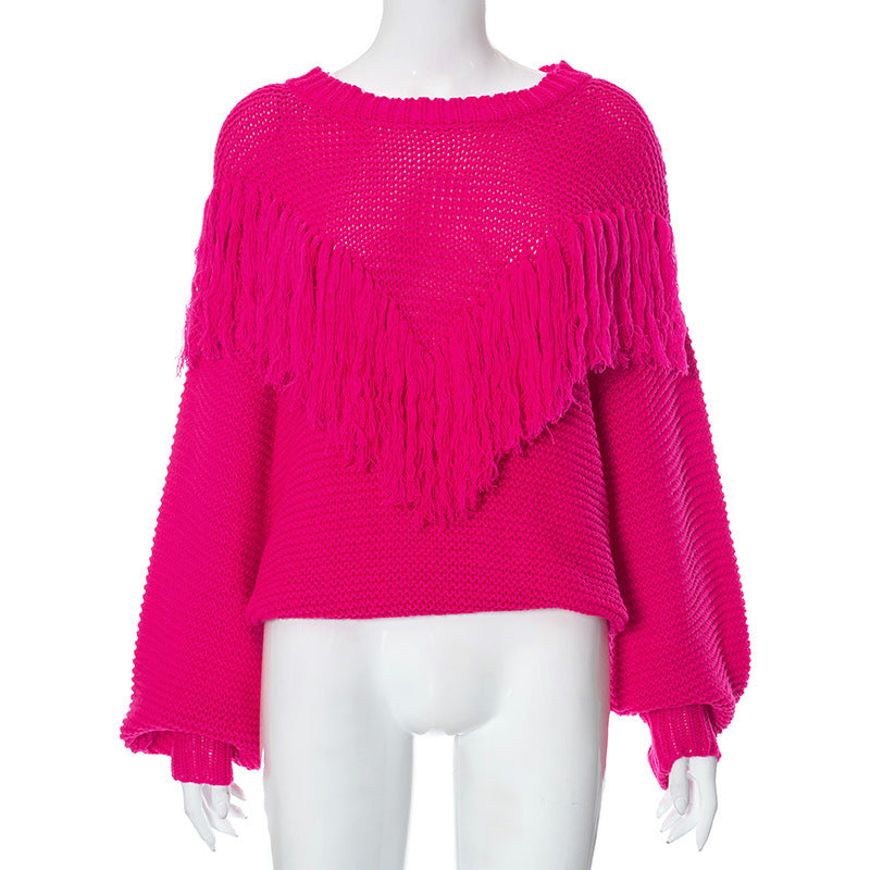 Loose-fitting Long Sleeves Tassel Knitted Sweater