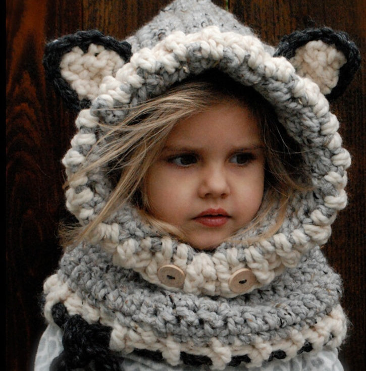 Children's wool knit hat hand-knitted warm earmuffs cape caps