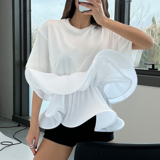 Round Neck Splicing  Ruffled Slim Fit  Top