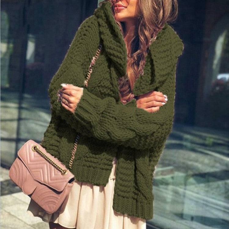 Pure Color Chunky Knit Hooded Cardigan Sweater