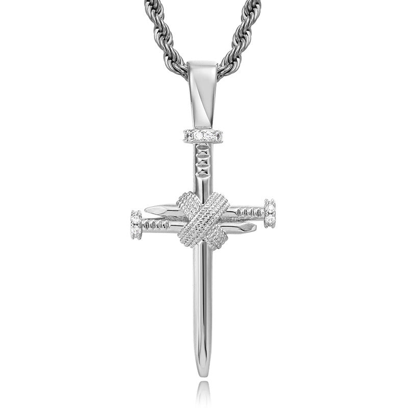 Zircon Inlaid Simple And Novel Nail Cross Pendant Necklace