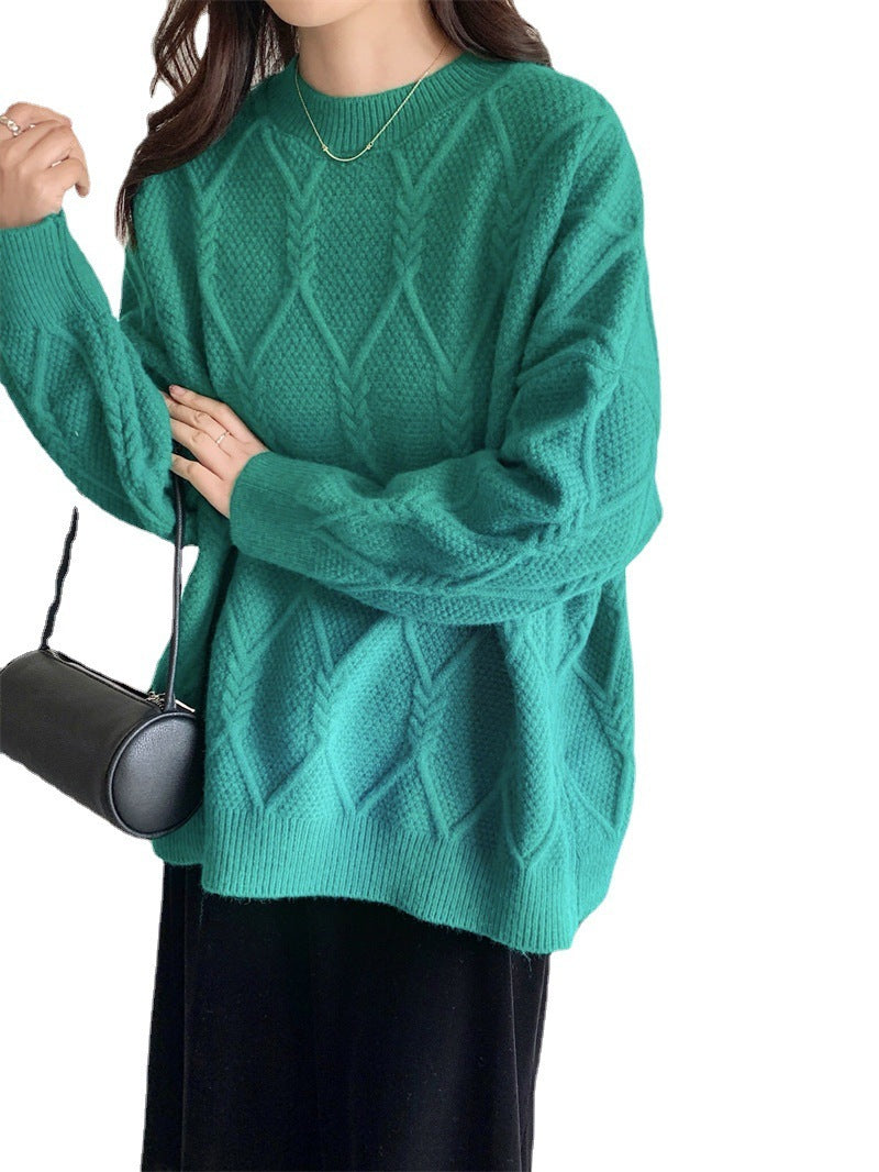 Women's Round Neck Sweater Loose All-match Pullover Diamond Lattice Knit Bottoming Shirt