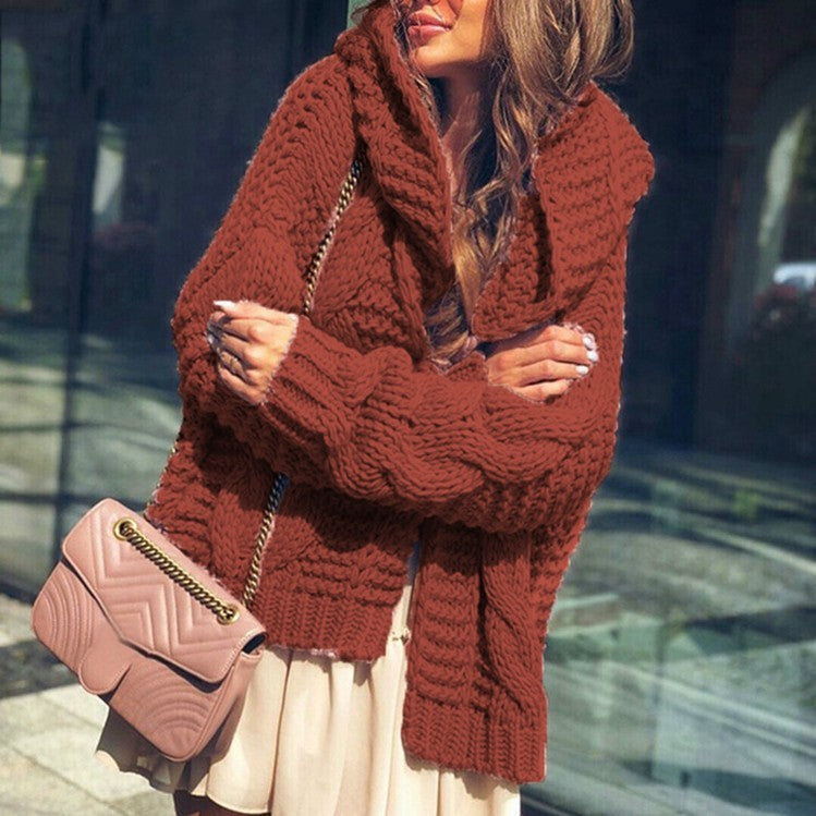 Pure Color Chunky Knit Hooded Cardigan Sweater