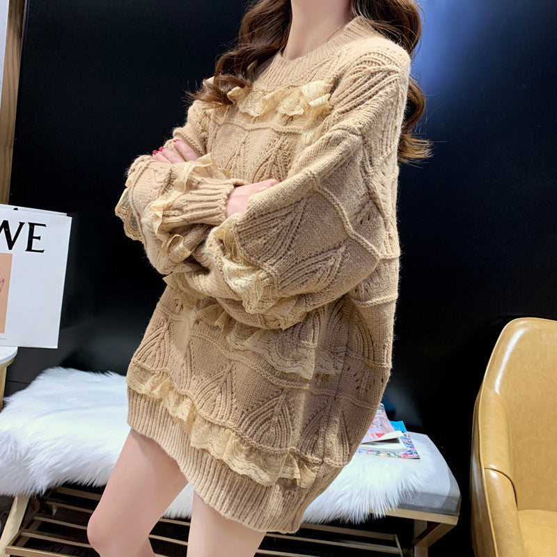 Women Solid Color Lace Sweater Loose