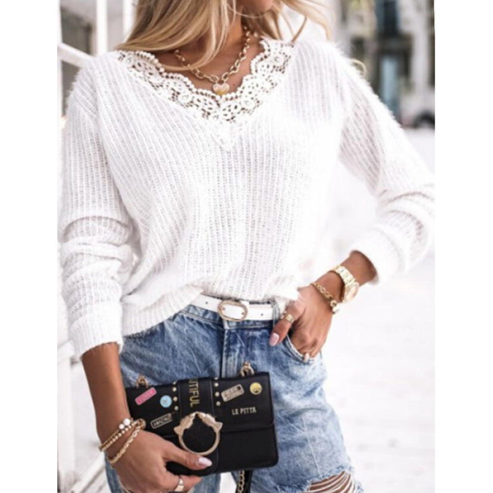 Lace Edge Knitted Warm V-neck Plain Sweater Top Women