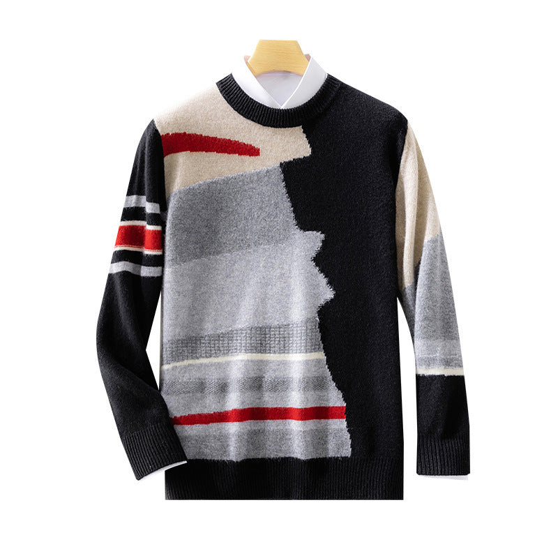 Men's Round Neck Contrast Color Style Woolen Sweater