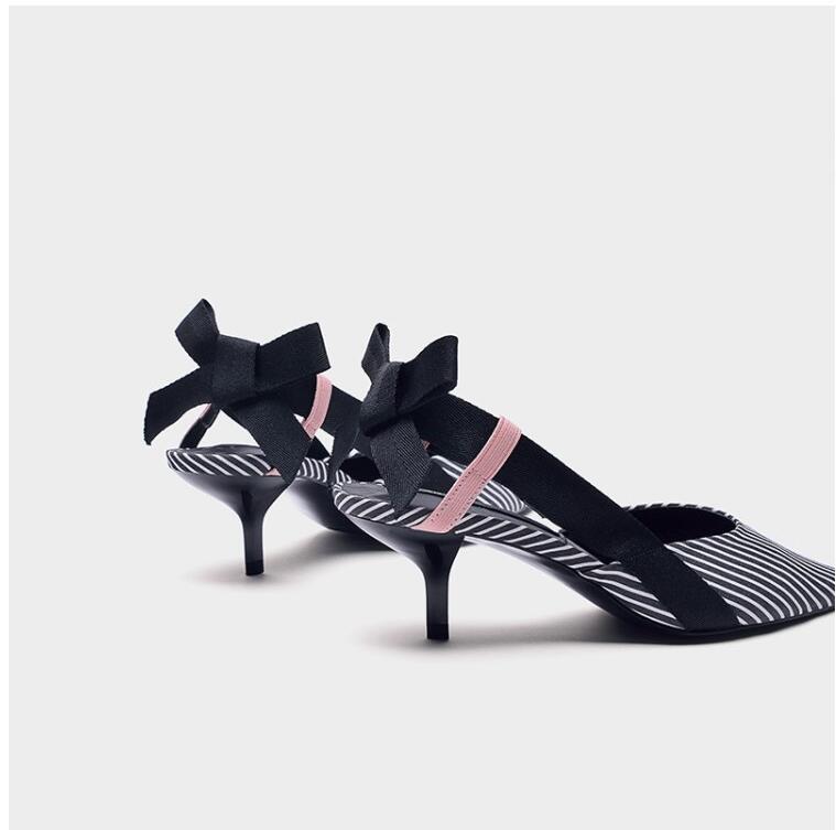 Boussac Stripe Kitten Heel Women Mules Pointed Toe Bowtie