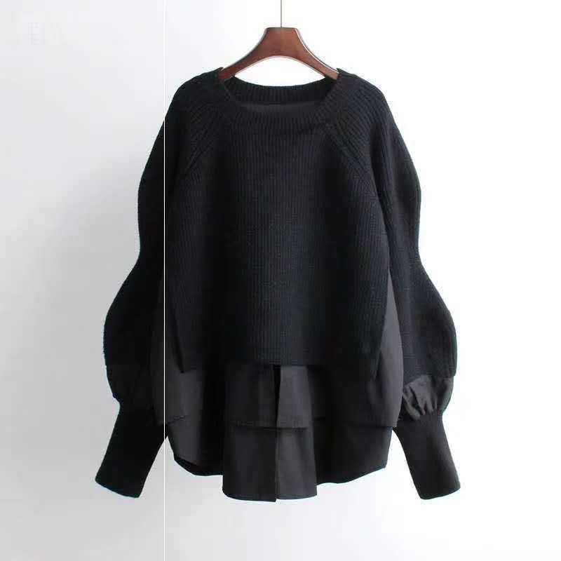 Women Sweater Splicing Shirt Fake Two-piece Set