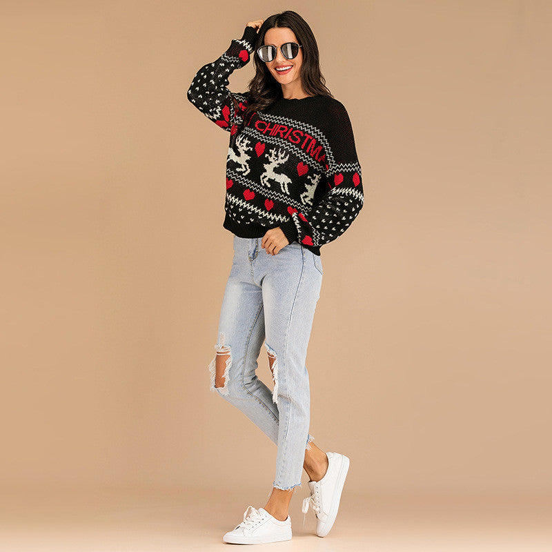 Christmas Deer Color Matching Sweater Women