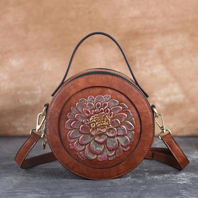 Vintage Embossed Small Round Bag, Shoulder Messenger Bag