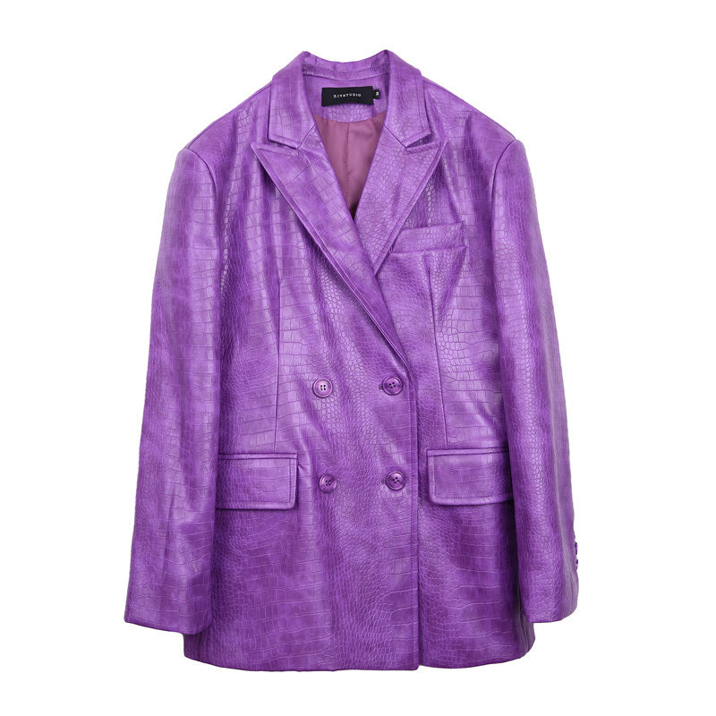 Loose Wide-shoulder Purple Pu Leather Pattern Blazer