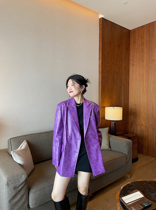 Loose Wide-shoulder Purple Pu Leather Pattern Blazer