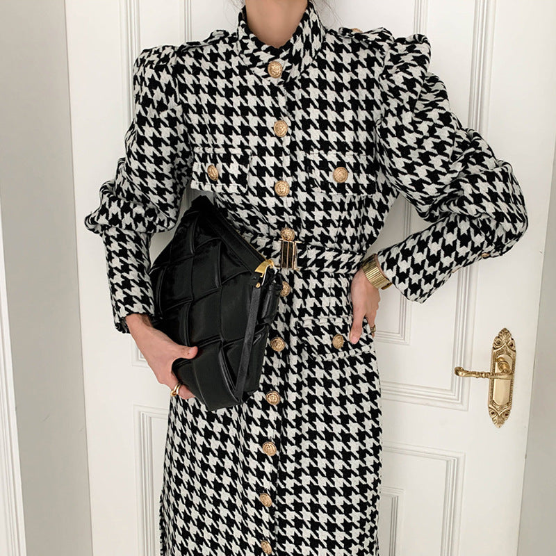 Single-breasted Straight Slit Houndstooth Wool Coat