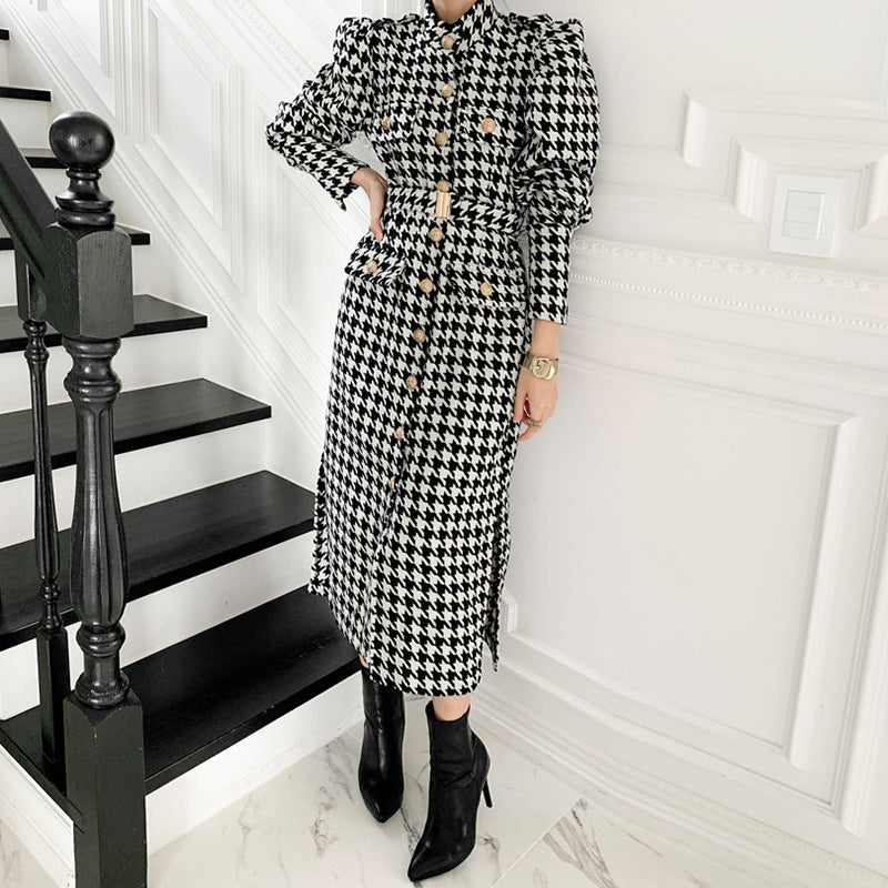 Single-breasted Straight Slit Houndstooth Wool Coat