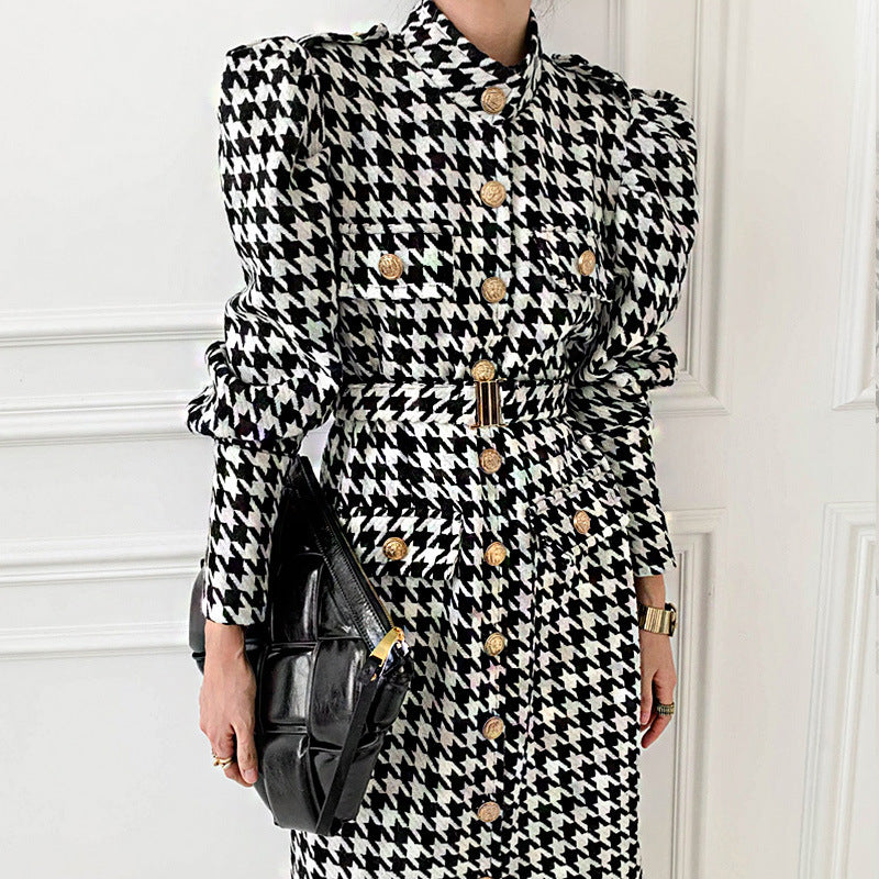 Single-breasted Straight Slit Houndstooth Wool Coat