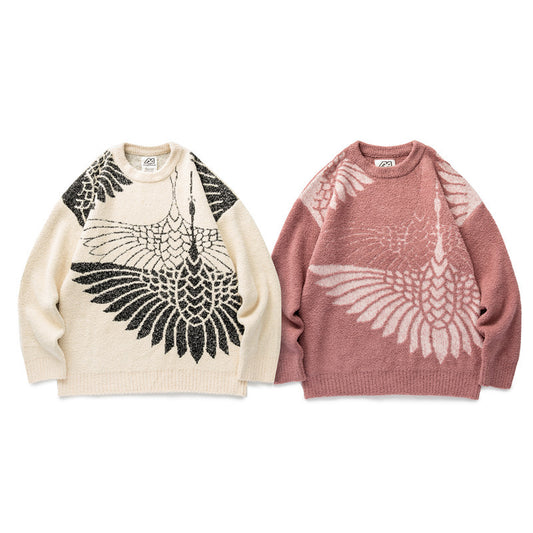 Crane Guochao Jacquard Sweater Men And Women Tide Brand Lazy Couple Pullover Plush Sweater