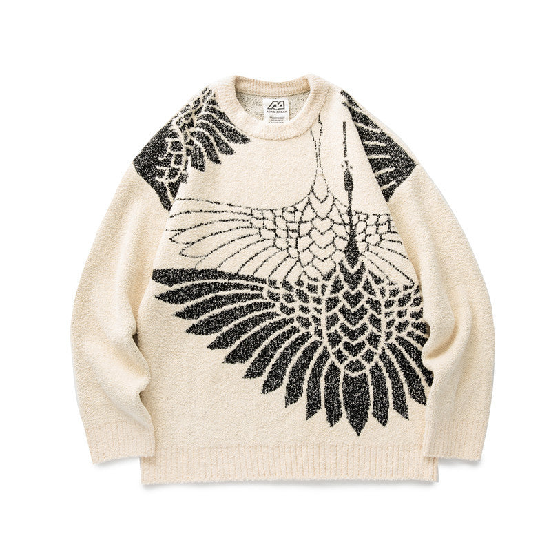 Crane Guochao Jacquard Sweater Men And Women Tide Brand Lazy Couple Pullover Plush Sweater