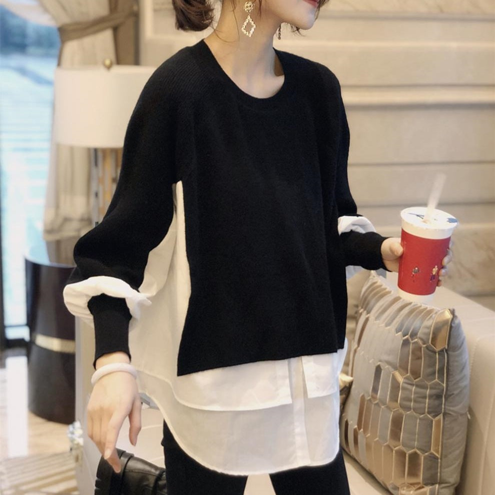 Women Sweater Splicing Shirt Fake Two-piece Set