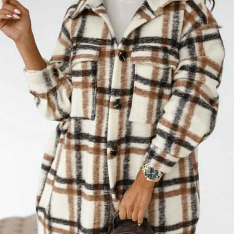 Autumn And Winter Long-Sleeved Button Lapel Casual Warm Plaid Long Woolen Coat