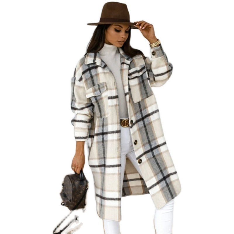 Autumn And Winter Long-Sleeved Button Lapel Casual Warm Plaid Long Woolen Coat